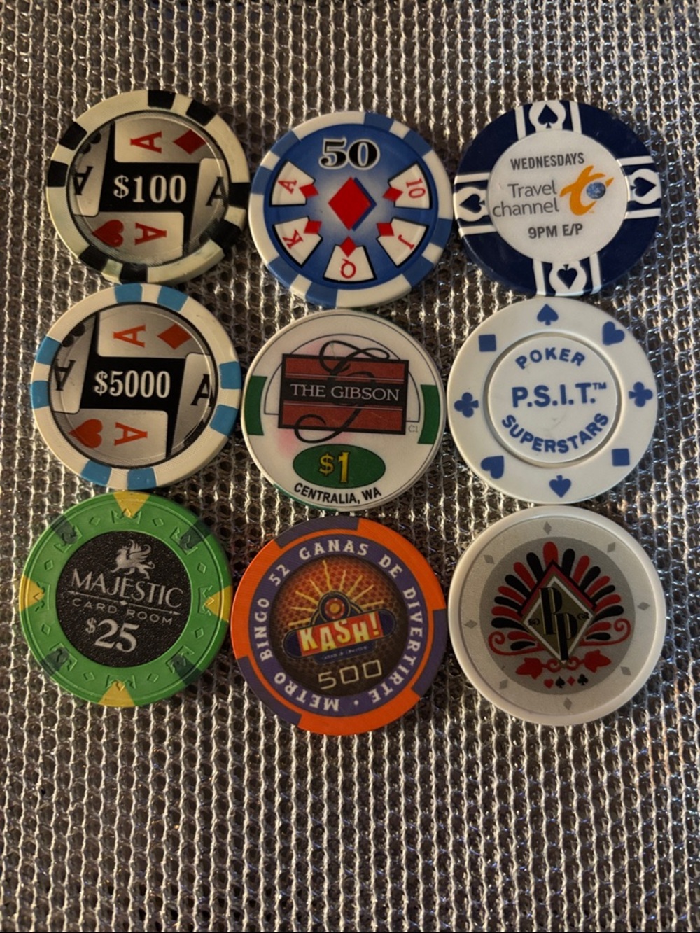 Multiples Poker Chip Assortment in Blue, White, Green, Orange, Black, Cream
